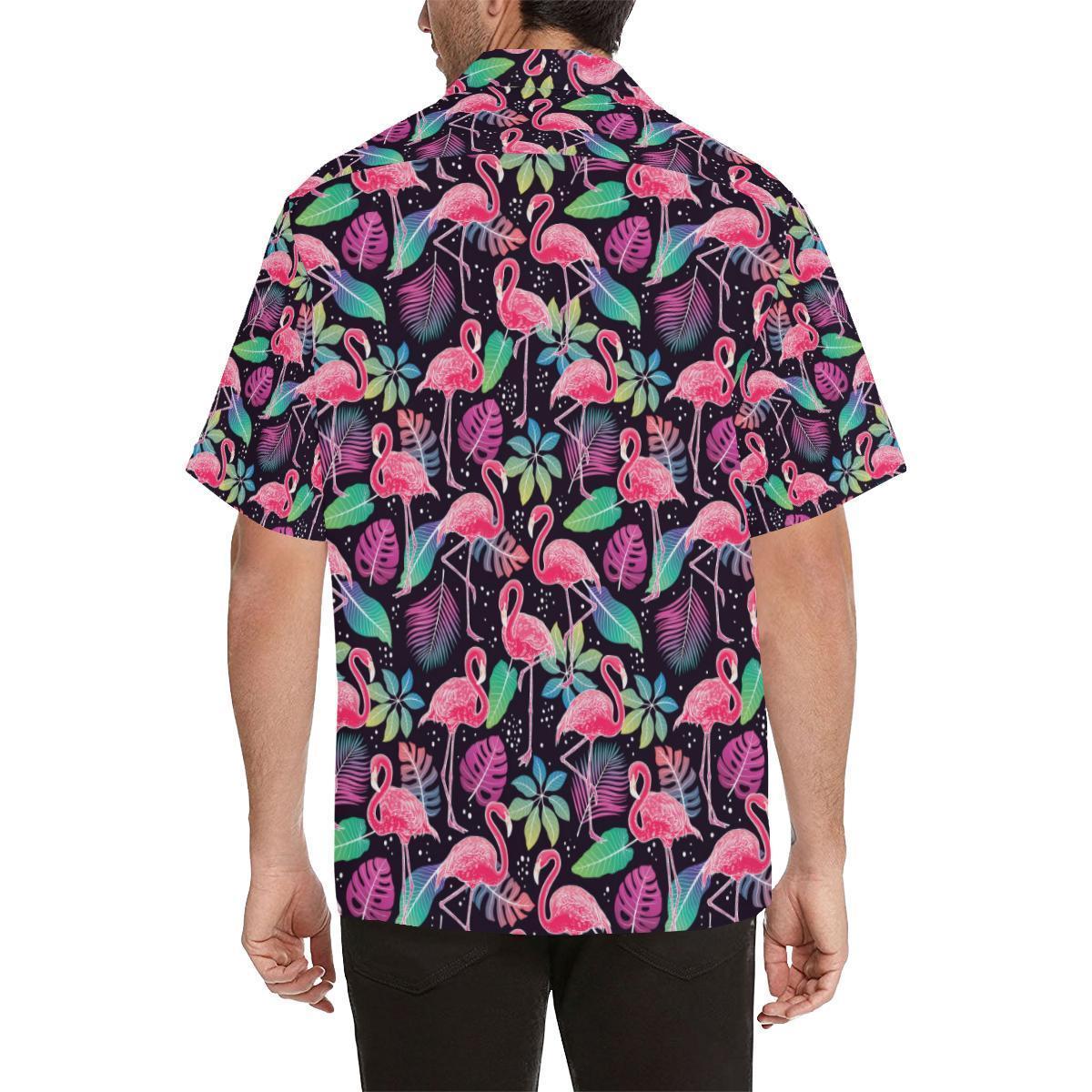 Flamingo Tropical Leaves Neon Print Hawaiian Shirt