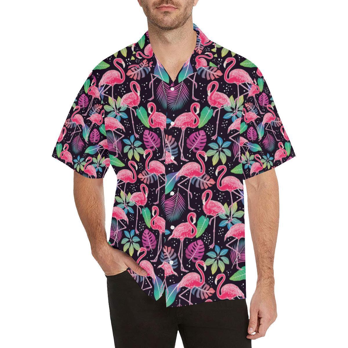 Flamingo Tropical Leaves Neon Print Hawaiian Shirt