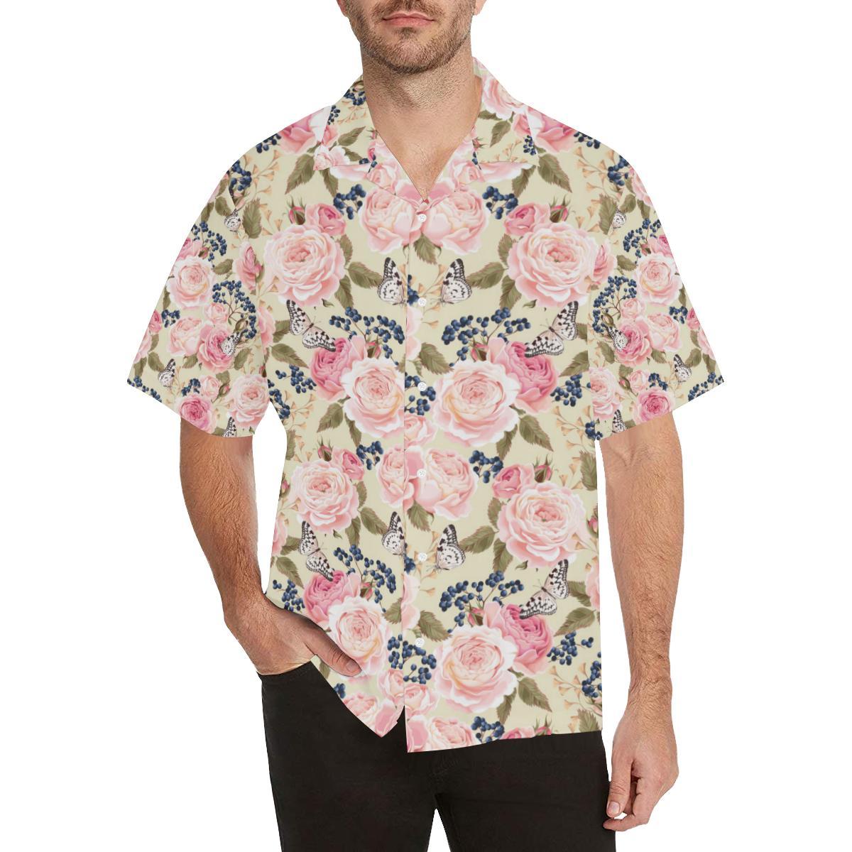 Floral Pink Butterfly Print Hawaiian Shirt