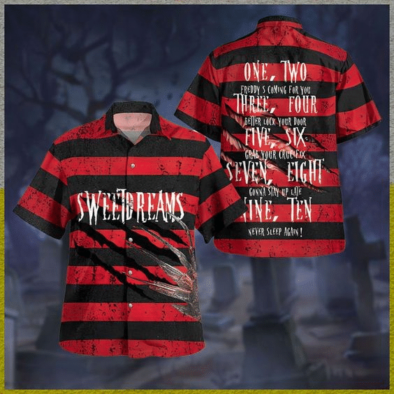 Freddy Krueger Sweet Dreams One Two Freddy Is Coming Hawaiian Graphic Print Short Sleeve 