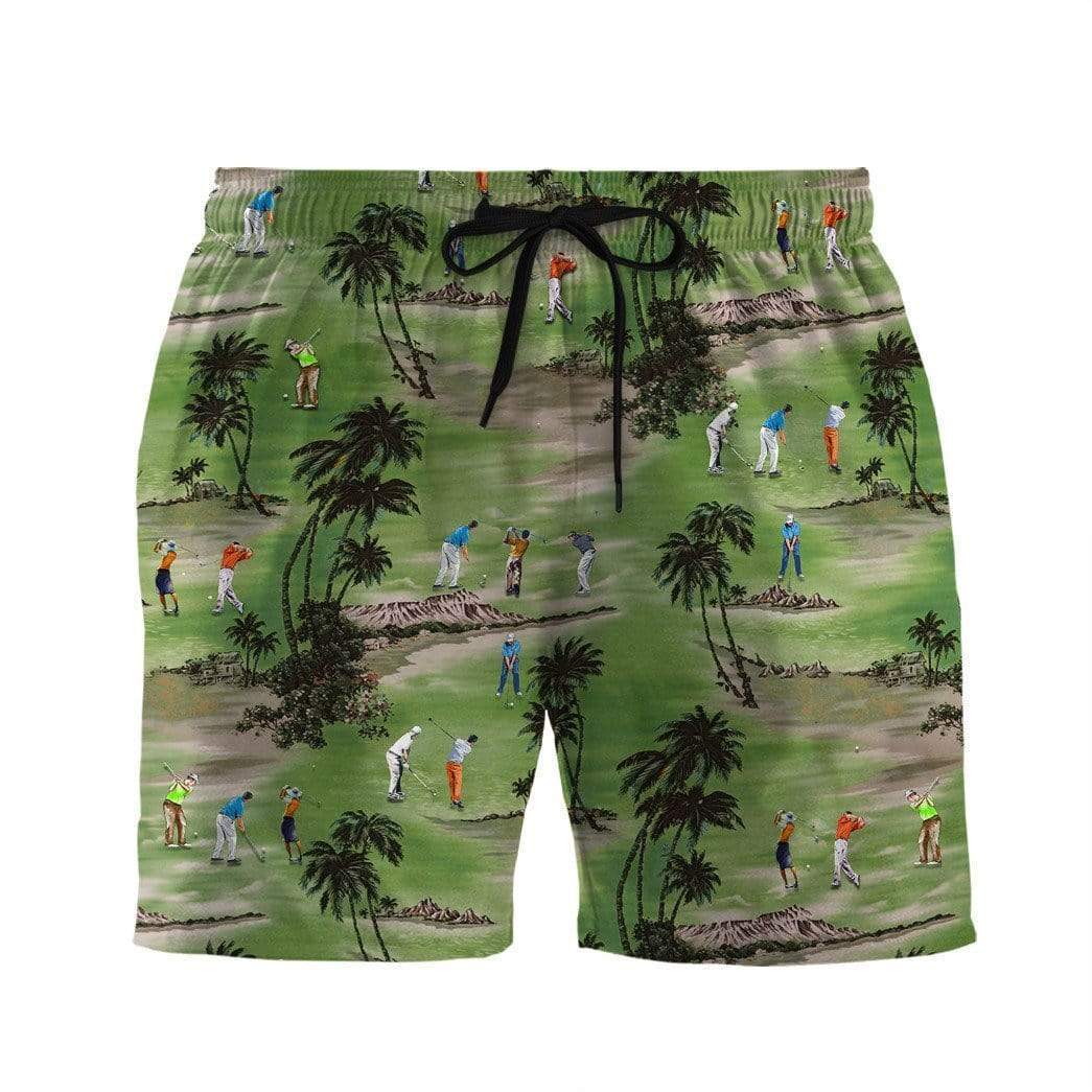 Vintage Golf Players Tropical Hawaiian Shirts Swim Trunks Beach Shorts #VI