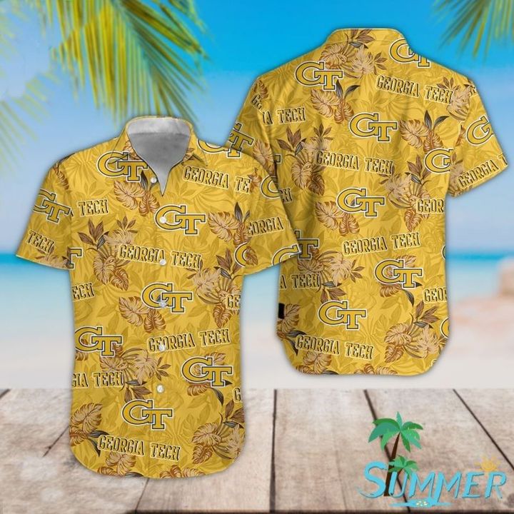 Georgia Tech Yellow Hawaiian Graphic Print Short Sleeve 