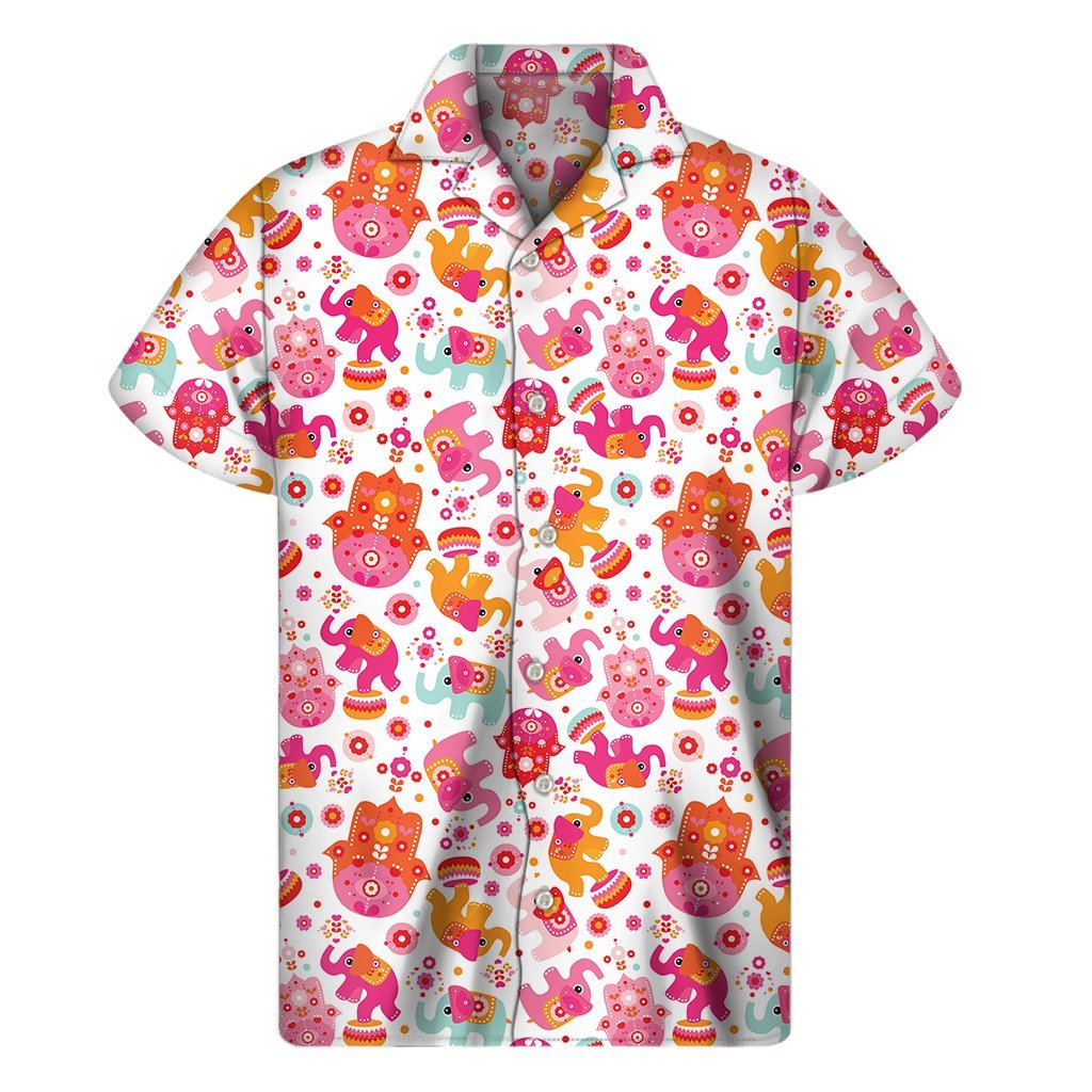 Girly Elephant And Hamsa Pattern Print Mens Short Sleeve Shirt Hawaiian