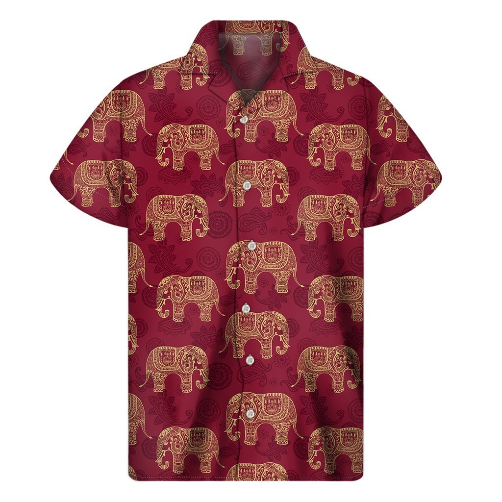 Gold And Red Boho Elephant Print Mens Short Sleeve Shirt Hawaiian