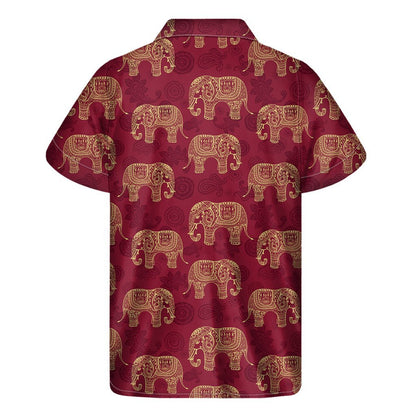 Gold And Red Boho Elephant Print Mens Short Sleeve Shirt Hawaiian