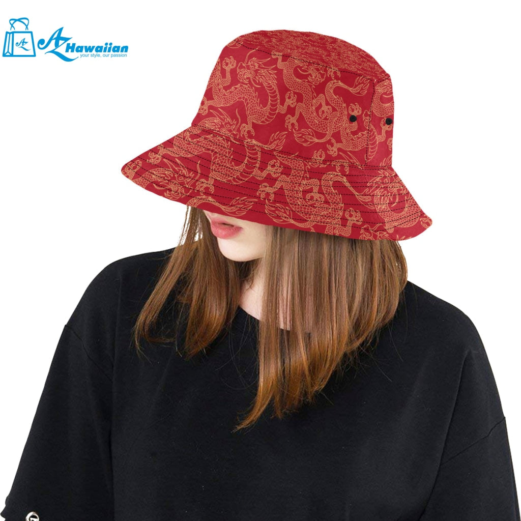 Gold dragons red background Unisex Bucket Hat