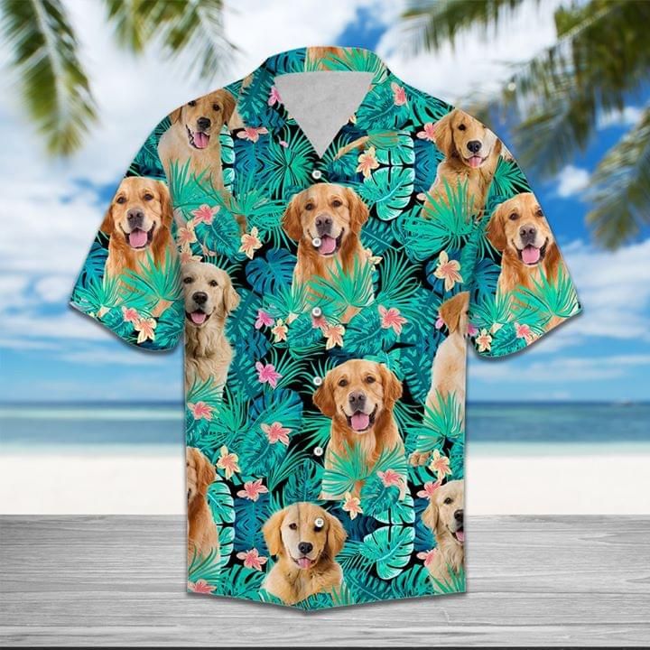 Golden Retriever Dog Funny Hawaiian Graphic Print Short Sleeve 