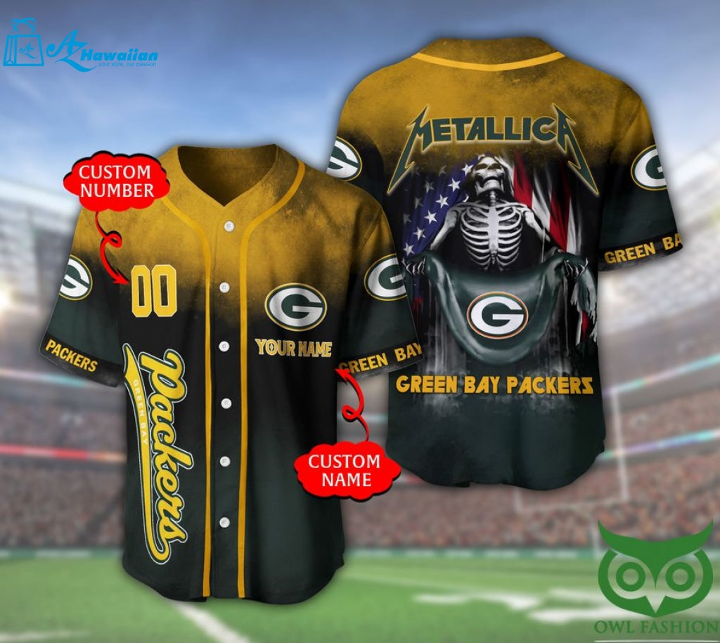 Green Bay Packers 3D Personalized Gift, Custom Name Number Metallica Baseball Jersey