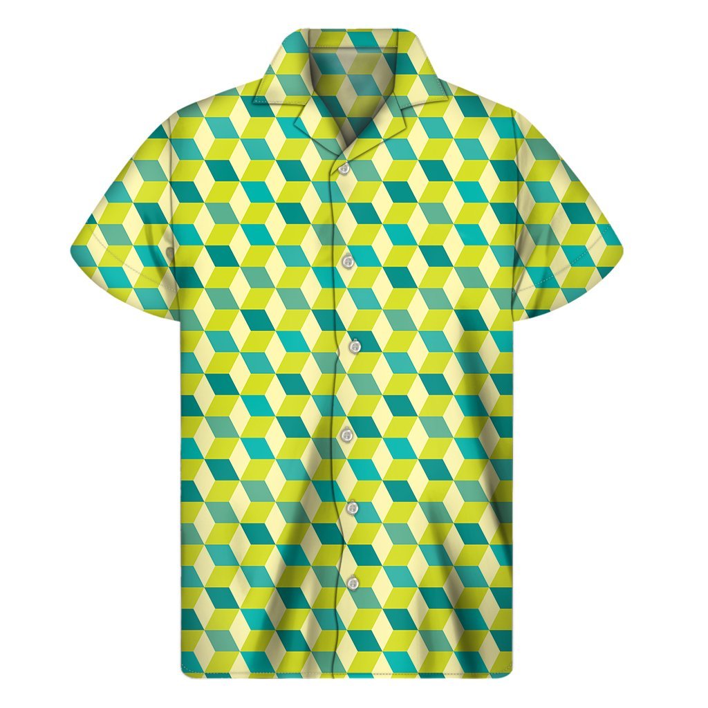 Green Geometric Cube Shape Pattern Print Mens Short Sleeve Shirt Hawaiian
