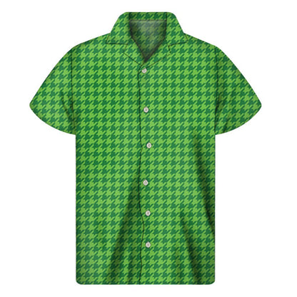 Green Houndstooth Pattern Print Mens Short Sleeve Shirt Hawaiian