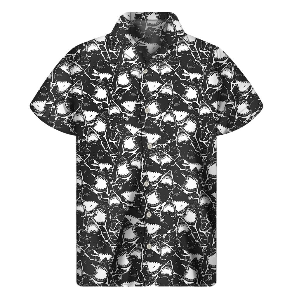 Grey And White Shark Pattern Print Mens Short Sleeve Shirt Hawaiian