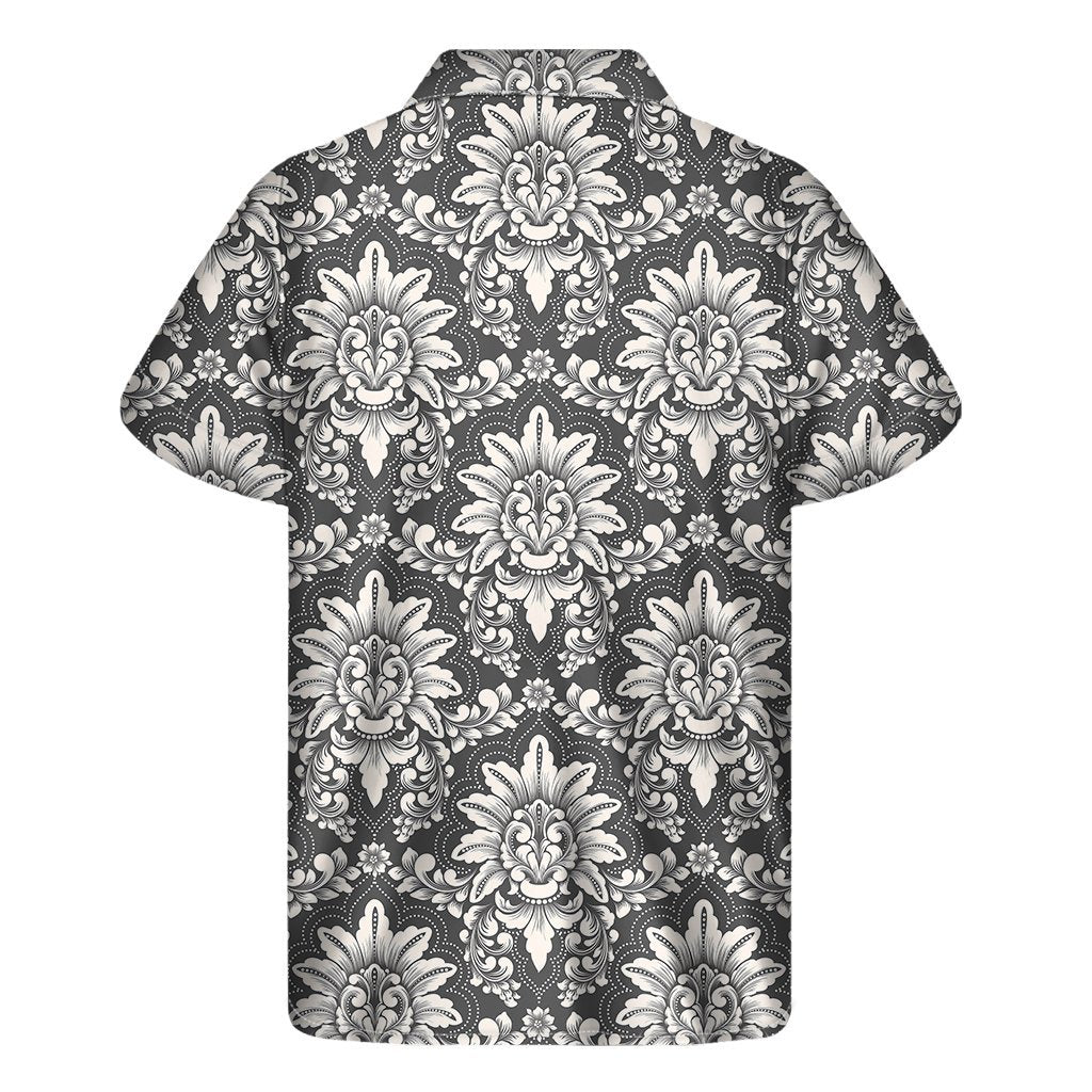 Grey Damask Pattern Print Mens Short Sleeve Shirt Hawaiian