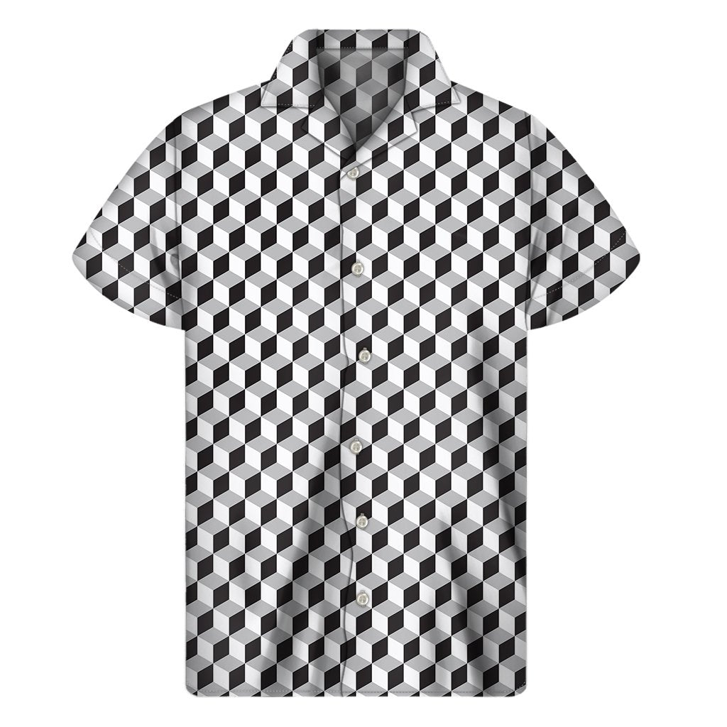 Grey Geometric Cube Shape Pattern Print Mens Short Sleeve Shirt Hawaiian