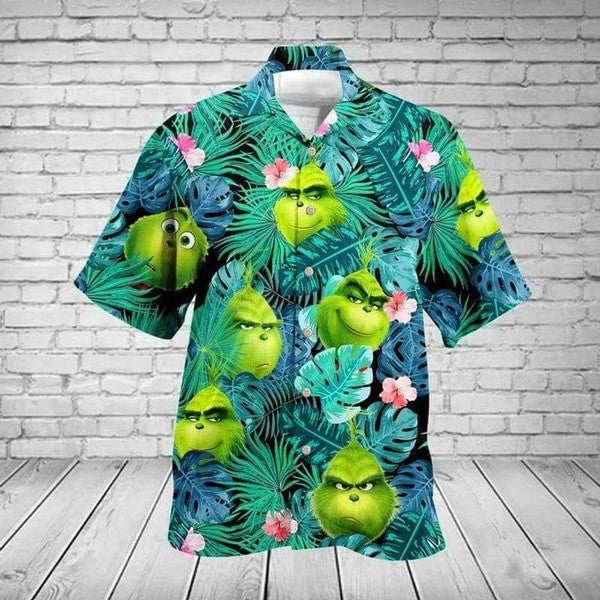 Grinch Tropical Floral Hawaiian Graphic Print Short Sleeve 