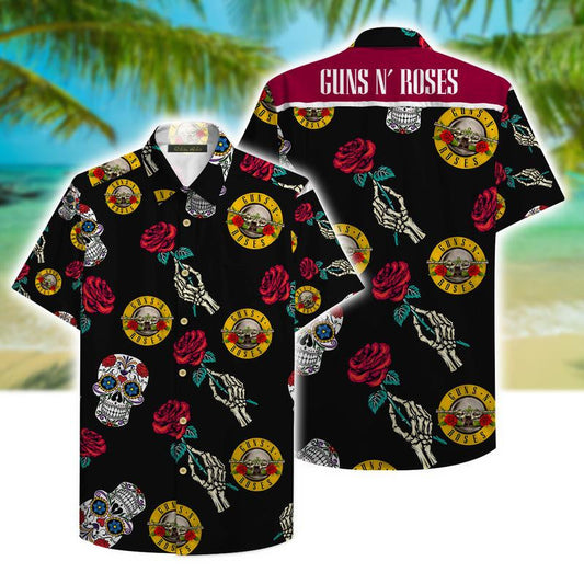 Guns N’ Roses Music Band Sugar Skull Hawaiian Graphic Print Short Sleeve 