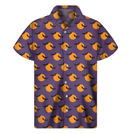 Halloween Bat And Moon Pattern Print Mens Short Sleeve Shirt Hawaiian