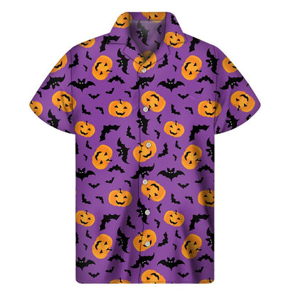 Halloween Bat And Pumpkin Pattern Print Mens Short Sleeve Shirt Hawaiian