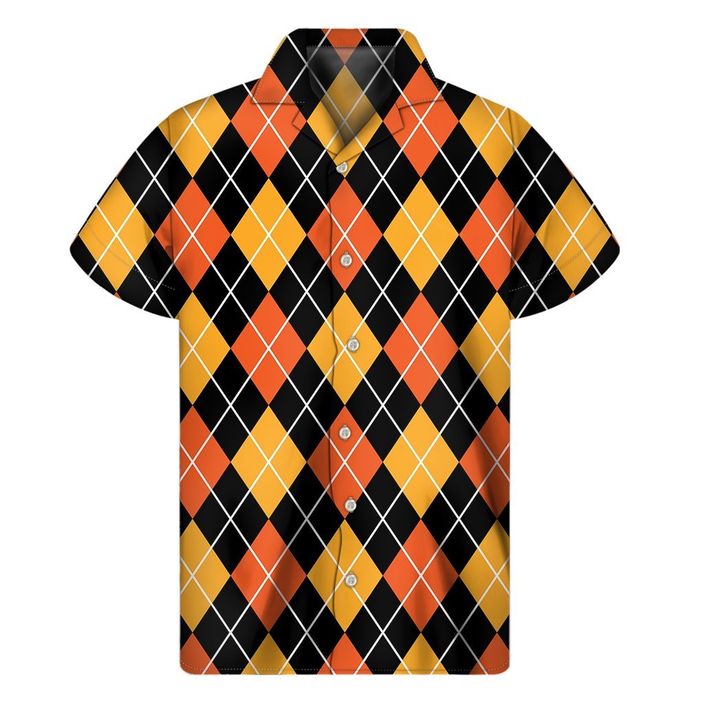 Halloween Black And Orange Argyle Print Mens Short Sleeve Shirt Hawaiian