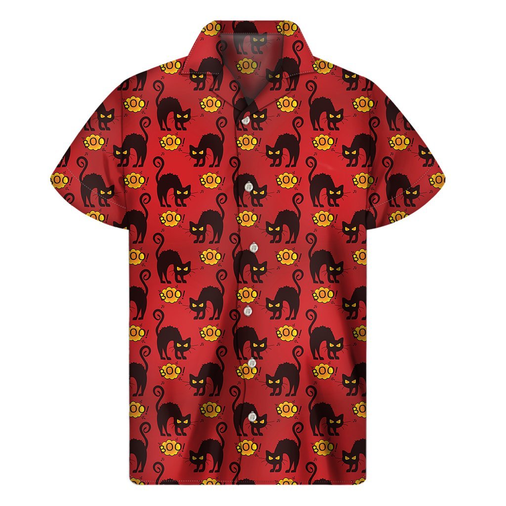 Halloween Black Cat Pattern Print Mens Short Sleeve Shirt Hawaiian