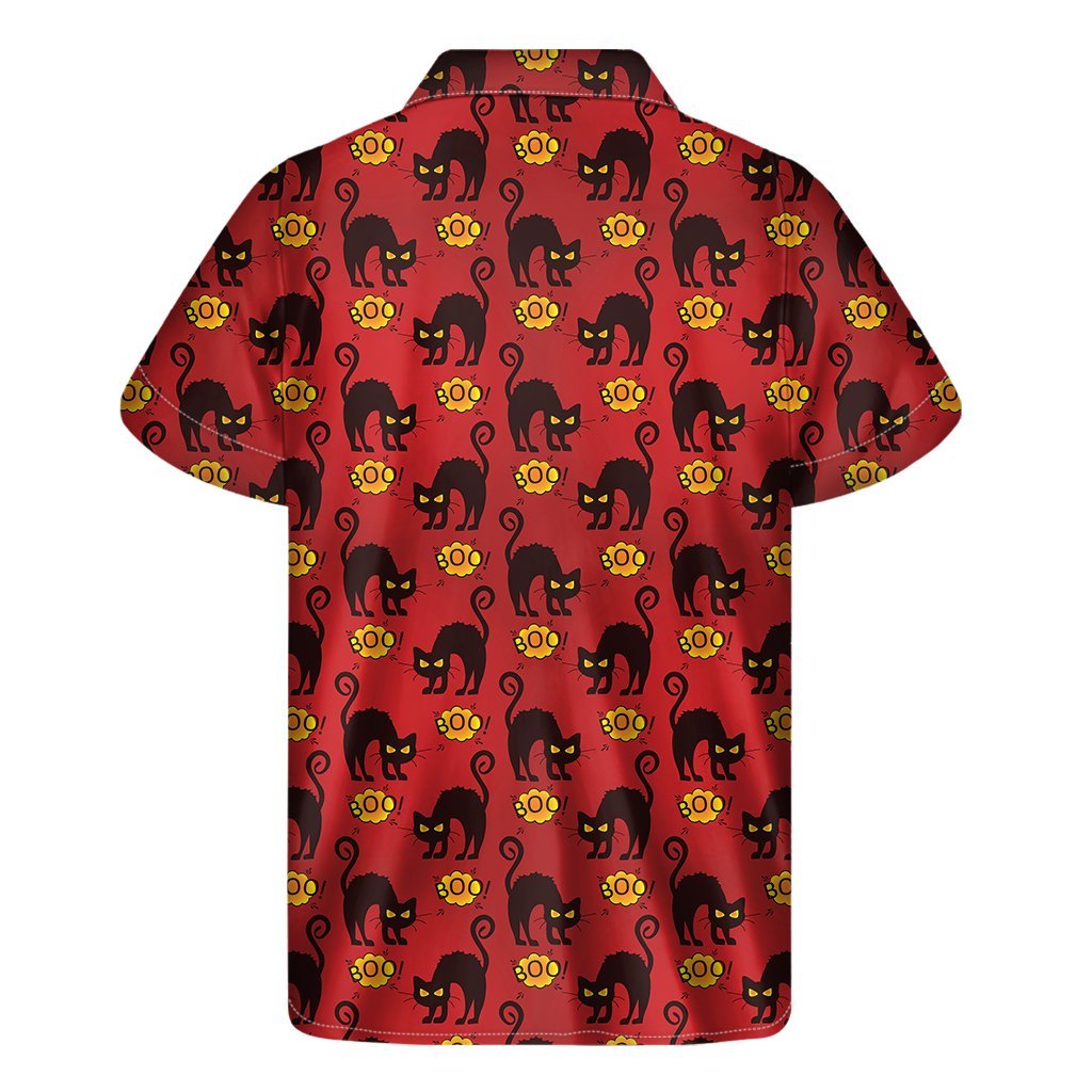 Halloween Black Cat Pattern Print Mens Short Sleeve Shirt Hawaiian