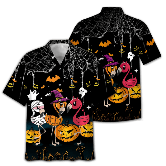 Halloween Flamingo And Pumpkin Print Short Sleeve 