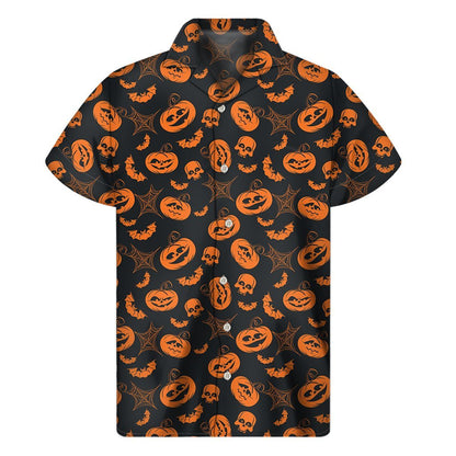 Halloween Pumpkin And Bat Pattern Print Mens Short Sleeve Shirt Hawaiian