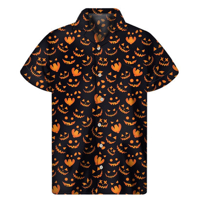 Halloween Pumpkin Faces Pattern Print Mens Short Sleeve Shirt Hawaiian