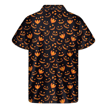 Halloween Pumpkin Faces Pattern Print Mens Short Sleeve Shirt Hawaiian