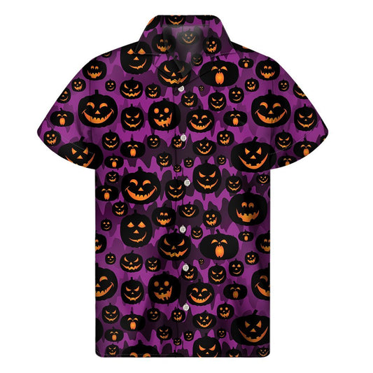 Halloween Pumpkin Smiley Faces Print Mens Short Sleeve Shirt Hawaiian