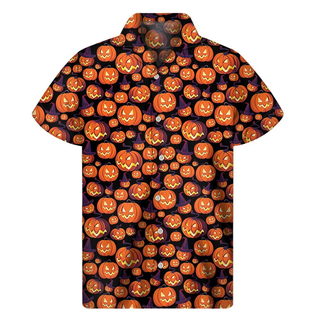 Halloween Pumpkin Witch Pattern Print Mens Short Sleeve Shirt Hawaiian