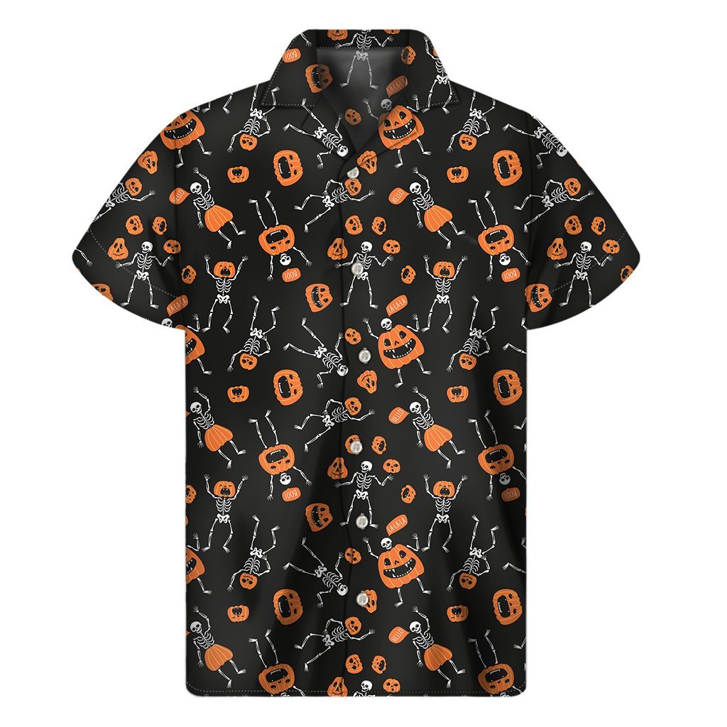 Halloween Skeleton And Pumpkin Print Mens Short Sleeve Shirt Hawaiian