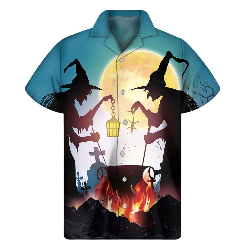 Halloween Witch And Cauldron Print Mens Short Sleeve Shirt Hawaiian