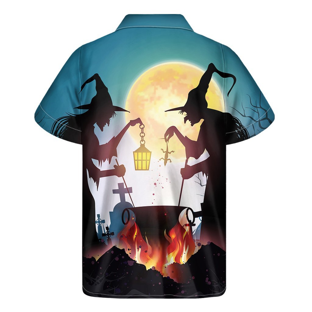 Halloween Witch And Cauldron Print Mens Short Sleeve Shirt Hawaiian