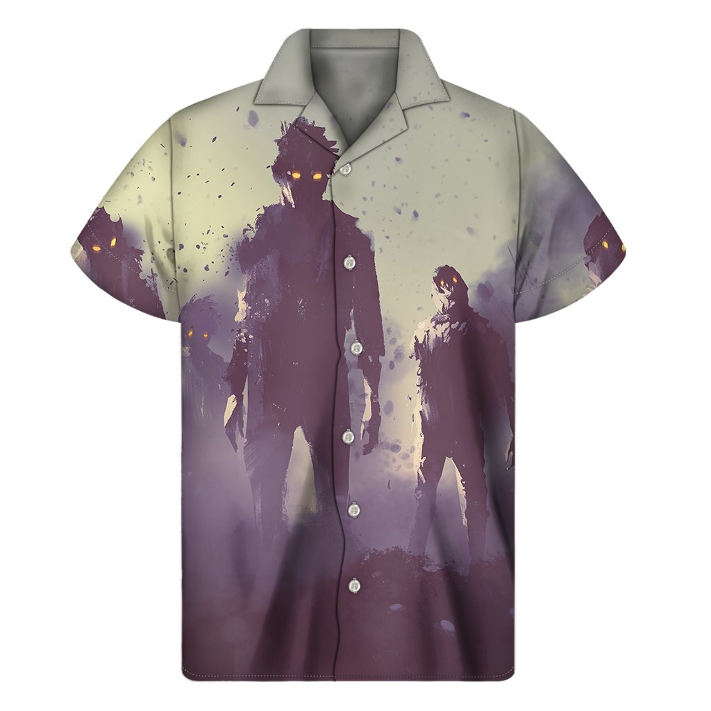 Halloween Zombie Crowd Print Mens Short Sleeve Shirt Hawaiian