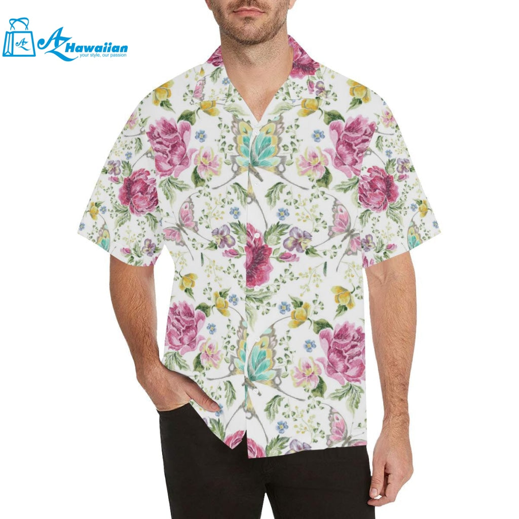 Hand Drawn Butterfly Rose Mens All Over Print Hawaiian Shirt