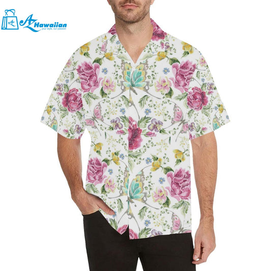 Hand Drawn Butterfly Rose Mens All Over Print Hawaiian Shirt