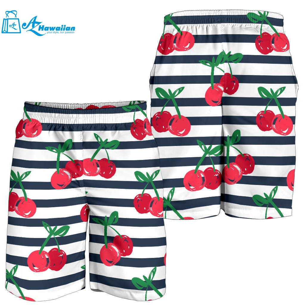 Hand Drawn Cherry Pattern Striped Background Men Shorts