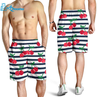 Hand Drawn Cherry Pattern Striped Background Men Shorts