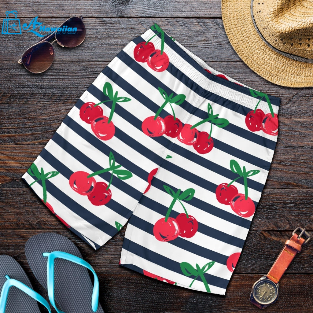 Hand Drawn Cherry Pattern Striped Background Men Shorts