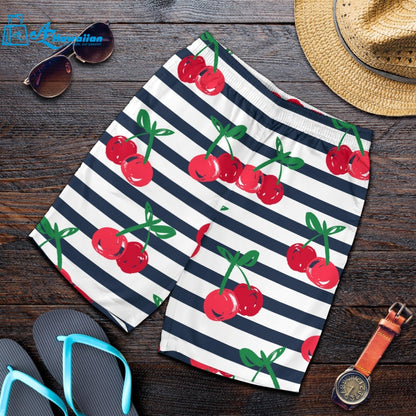 Hand Drawn Cherry Pattern Striped Background Men Shorts