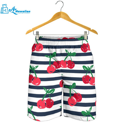 Hand Drawn Cherry Pattern Striped Background Men Shorts