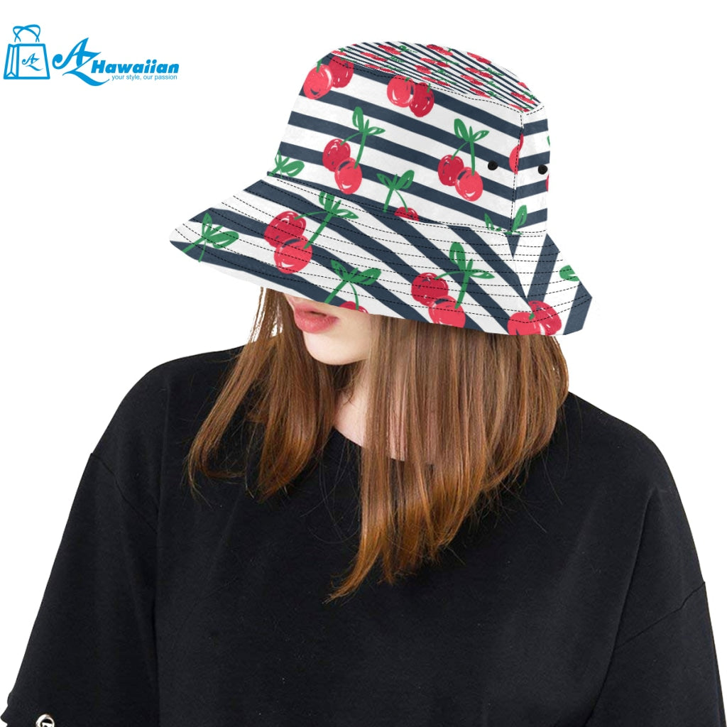 Hand drawn cherry pattern striped background Unisex Bucket Hat