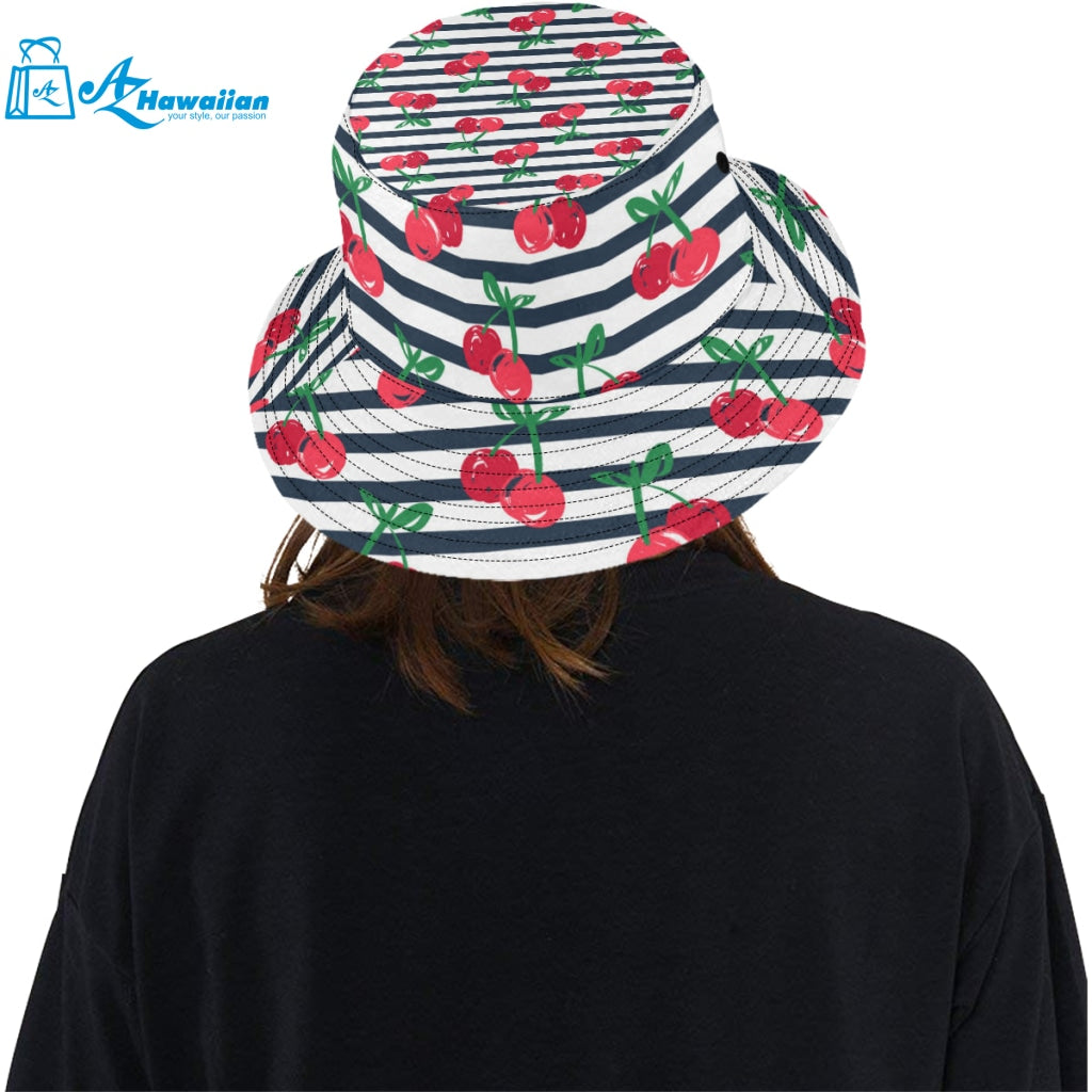 Hand drawn cherry pattern striped background Unisex Bucket Hat