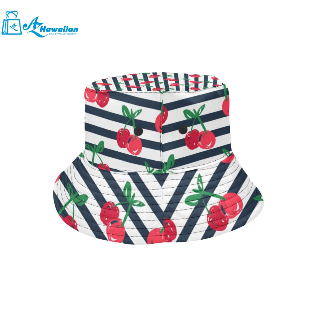 Hand drawn cherry pattern striped background Unisex Bucket Hat