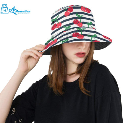 Hand drawn cherry pattern striped background Unisex Bucket Hat