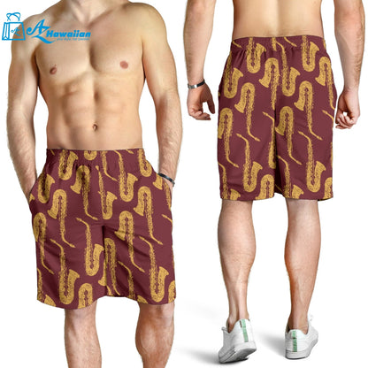 Hand Drawn Gold Saxophone Red Background Men Shorts