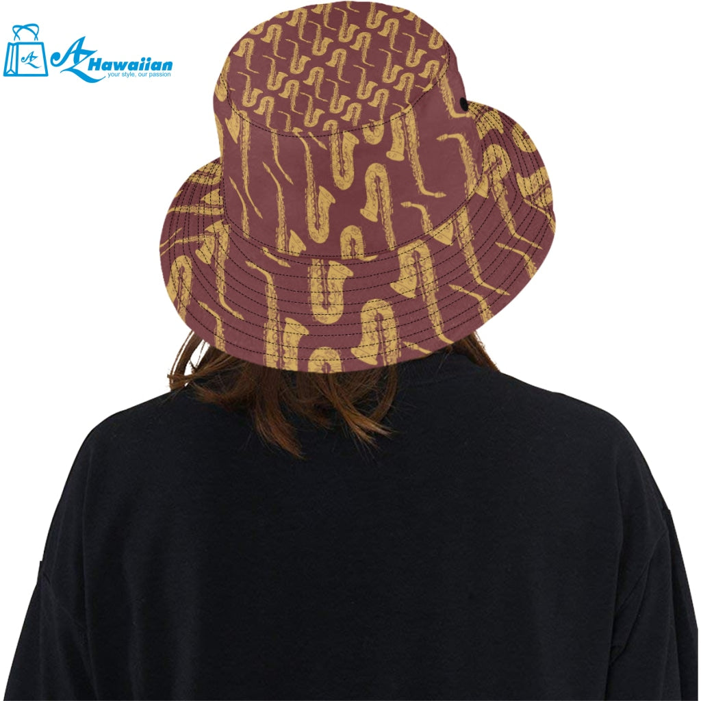 Hand drawn gold saxophone red background Unisex Bucket Hat