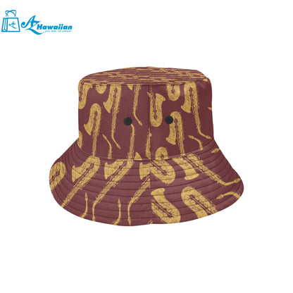 Hand drawn gold saxophone red background Unisex Bucket Hat