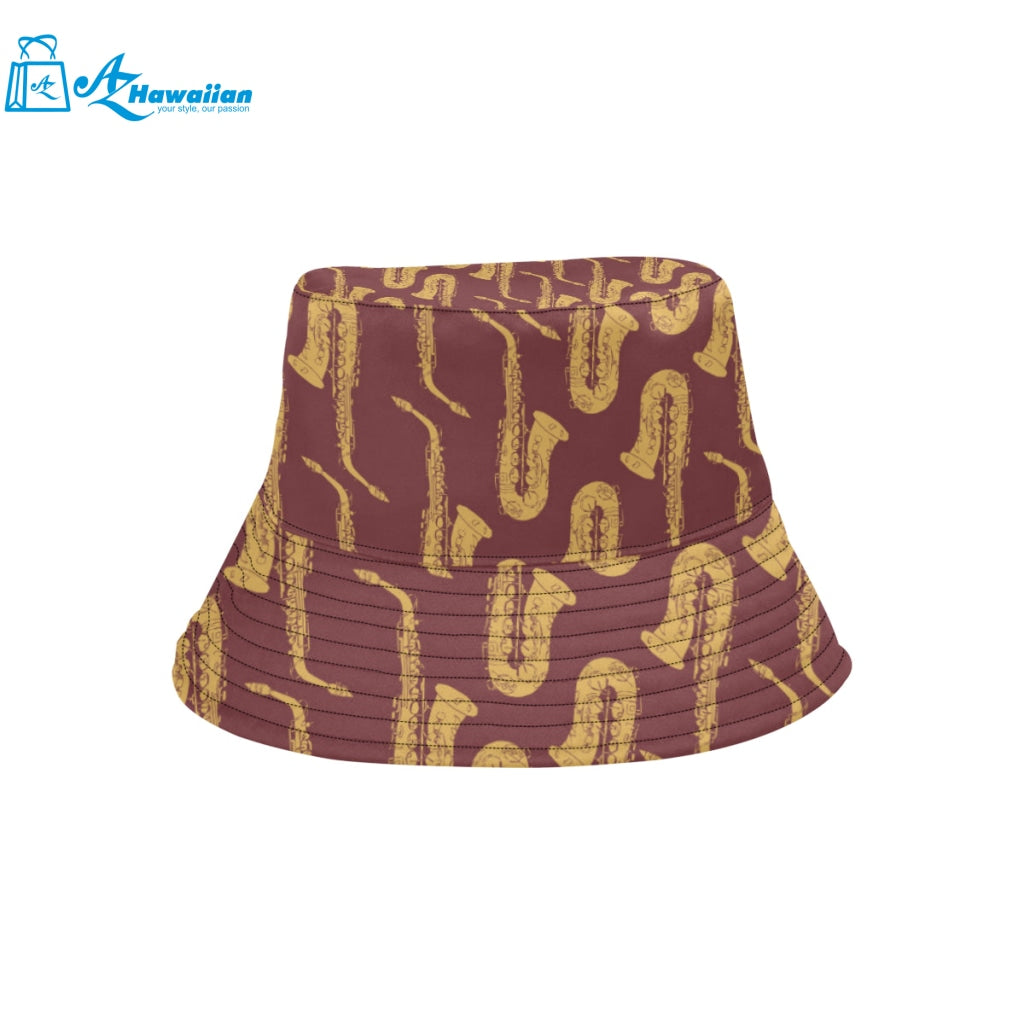 Hand drawn gold saxophone red background Unisex Bucket Hat