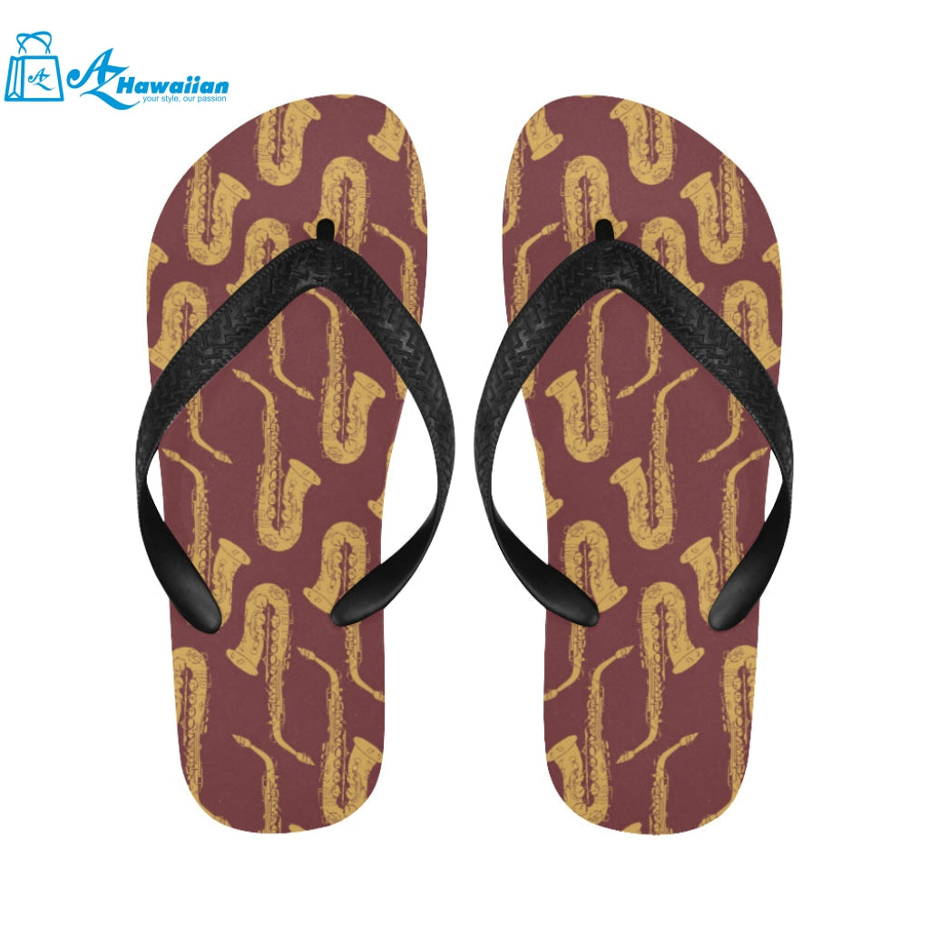 Hand drawn gold saxophone red background Unisex Flip Flops